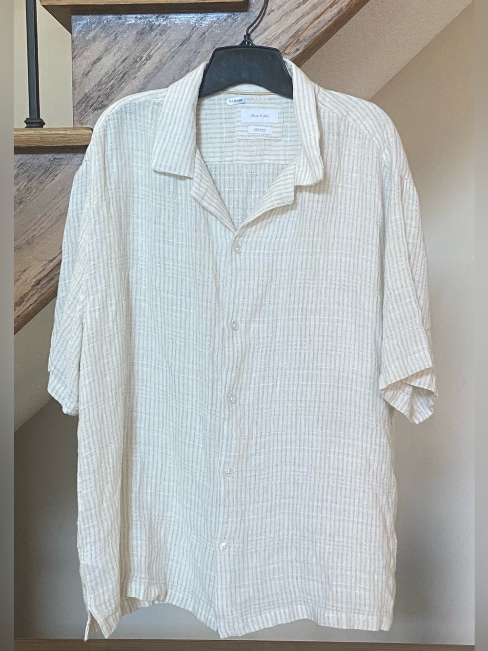 Short-Sleeve Cream Porter and Ash Linen Blend Button-Up Shirt